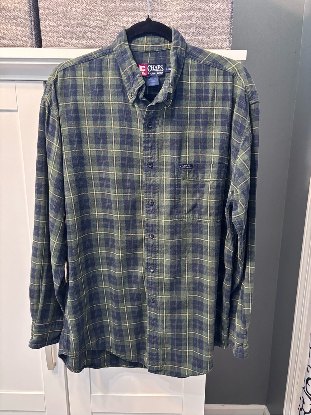 Chaps by Ralph Lauren Green Navy Plaid Flannel Button-Down Shirt VGC Vintage L